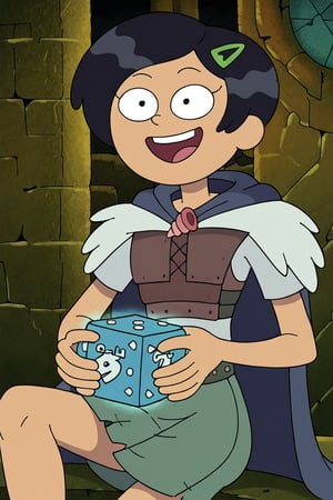 Marcy Wu, black hair, short hair, green hairclip, grey skirt, black cape, sitting in a dungeon, holding dice, smiling, open mouth