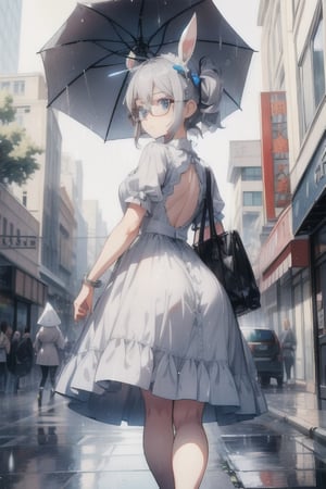 Masterpiece, depth of field, short gray hair, blue eyes, beautiful girl with gray bunny ears on her head, wearing round glasses, wearing a dress, back view, holding a gray umbrella in her hand, walking on the street, raining