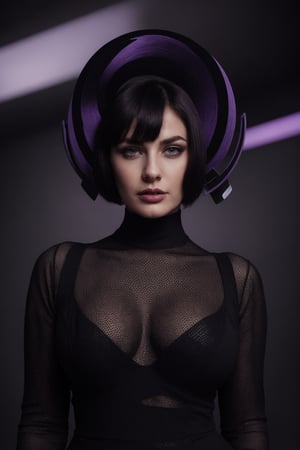 Portrait of large breasted woman in futuristic violet and black attire. Circular perforated violet halo headpiece. Round violet sunglasses, fiery eyes. Violet lips, pale skin. Black high-neck top with violet polka dots. Dark hair pulled back. Black background. Retro-futuristic aesthetic. High contrast between violet tones and deep black. Avant-garde fashion photography.