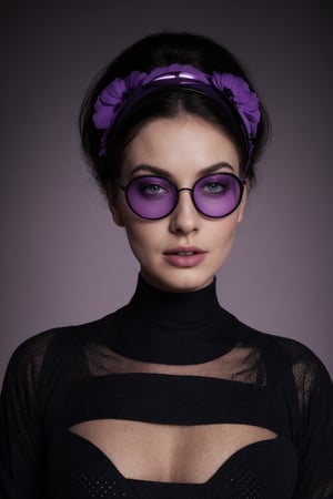 Portrait of large breasted woman in futuristic violet and black attire. Circular perforated violet halo headpiece. Round violet sunglasses, fiery eyes. Violet lips, pale skin. Black high-neck top with violet polka dots. Dark hair pulled back. Black background. Retro-futuristic aesthetic. High contrast between violet tones and deep black. Avant-garde fashion photography.