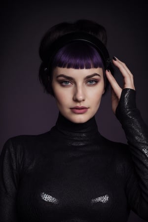 Portrait of large breasted woman in futuristic violet and black attire. Circular perforated violet halo headpiece. Round violet sunglasses, fiery eyes. Violet lips, pale skin. Black high-neck top with violet polka dots. Dark hair pulled back. Black background. Retro-futuristic aesthetic. High contrast between violet tones and deep black. Avant-garde fashion photography.