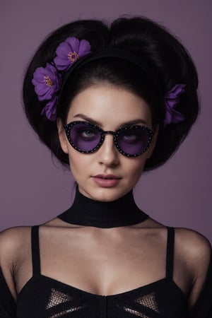 Portrait of large breasted woman in futuristic violet and black attire. Circular perforated violet halo headpiece. Round violet sunglasses, fiery eyes. Violet lips, pale skin. Black high-neck top with violet polka dots. Dark hair pulled back. Black background. Retro-futuristic aesthetic. High contrast between violet tones and deep black. Avant-garde fashion photography.