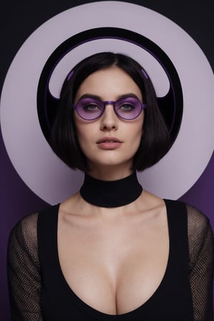 Portrait of large breasted woman in futuristic violet and black attire. Circular perforated violet halo headpiece. Round violet sunglasses, fiery eyes. Violet lips, pale skin. Black high-neck top with violet polka dots. Dark hair pulled back. Black background. Retro-futuristic aesthetic. High contrast between violet tones and deep black. Avant-garde fashion photography.