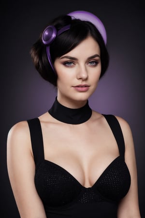 Portrait of large breasted woman in futuristic violet and black attire. Circular perforated violet halo headpiece. Round violet sunglasses, fiery eyes. Violet lips, pale skin. Black high-neck top with violet polka dots. Dark hair pulled back. Black background. Retro-futuristic aesthetic. High contrast between violet tones and deep black. Avant-garde fashion photography.