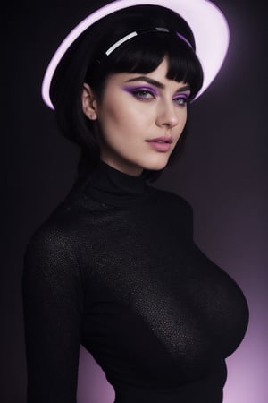 Portrait of large breasted woman in futuristic violet and black attire. Circular perforated violet halo headpiece. Round violet sunglasses, fiery eyes. Violet lips, pale skin. Black high-neck top with violet polka dots. Dark hair pulled back. Black background. Retro-futuristic aesthetic. High contrast between violet tones and deep black. Avant-garde fashion photography.