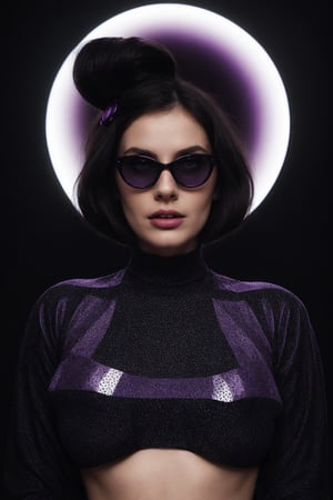 Portrait of large breasted woman in futuristic violet and black attire. Circular perforated violet halo headpiece. Round violet sunglasses, fiery eyes. Violet lips, pale skin. Black high-neck top with violet polka dots. Dark hair pulled back. Black background. Retro-futuristic aesthetic. High contrast between violet tones and deep black. Avant-garde fashion photography.