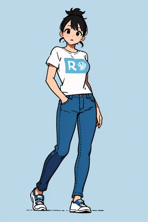 Draw an illustration of a woman with black eyes and with a white t shirt and a blue pants walking happily . The woman has short black hair and black eyes and is wearing a white t-shirt and blue pants . She is walking on a gray ground r. The background is white.