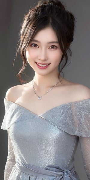 A stunning portrait of a Japanese idol with her hair styled in an elegant updo, big smile, necklace, off-shoulder dress, showcases a mesmerizing crystal and silver entanglement above her waist. The high-definition image is a masterpiece, featuring intricate textures and hyper-quality details that leap off the page. Every delicate texture is meticulously rendered, ,idol