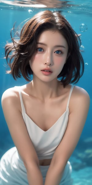 1girl, solo, looking at viewer, short hair, blue eyes, brown hair, black hair, collarbones, parted lips, water, lips, white chiffon, sunlight,colorful  bubbles, underwater, ((small bubbles)), red balloons,Korean,Japanese