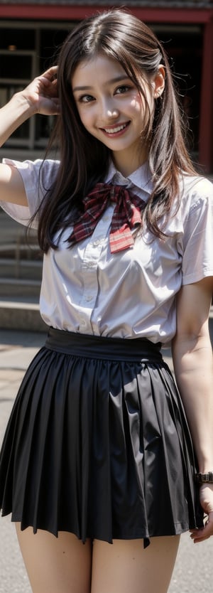 (Masterpiece, Top Quality, Best Quality, Official Art, Beauty and Aesthetics: 1.2), HDR, high contrast, wide shot(majestic:1.5), hyper realistic, highly detailed, uhd:1.3, RAW photo, ,Japanese ,Idol,1girl, grin, bow on head, pale skin,  school_uniform, pleated_skirt, in front of school