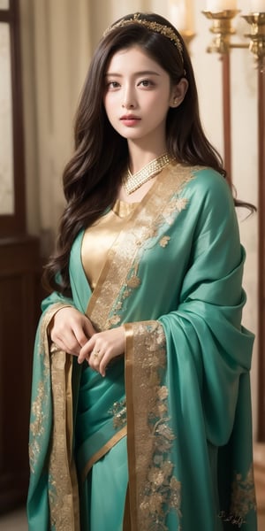 Her hair is long, dark, and lustrous, partially visible beneath the elegantly draped dupatta that adorns her head and shoulders, respecting her Muslim heritage. The dupatta, a piece of fine, lightweight fabric, is richly embroidered with traditional Pakistani motifs, incorporating colors like deep reds, vibrant greens, and golds, symbolizing the richness of her culture.,Korean,Japanese