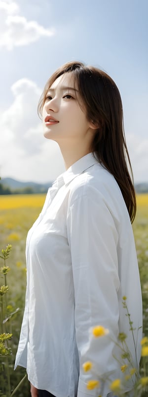 1girl, solo, long hair, brown hair, shirt, brown eyes, white shirt, flower, outdoors, sky, day, collared shirt, cloud, blurry, blue sky, lips, sunlight, white flower, realistic, sun, reaching towards viewer, field,korean,perfect light,yama