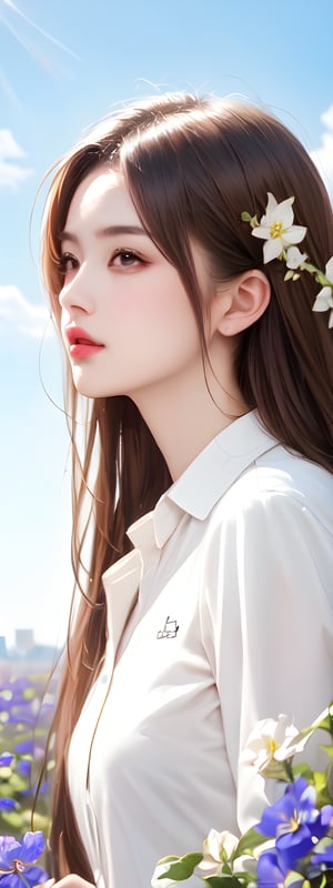 1girl, solo, long hair, brown hair, shirt, brown eyes, white shirt, flower, outdoors, sky, day, collared shirt, cloud, blurry, blue sky, lips, sunlight, white flower, realistic, sun, reaching towards viewer, field,korean,perfect light, 