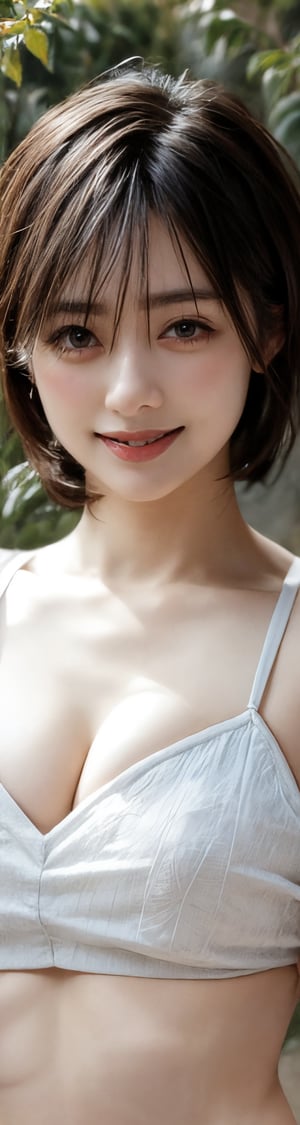 4k, best quality, masterpiece, 20yo 1girl, (lace dress, alluring smile), (Beautiful and detailed eyes), Detailed face, detailed eyes, double eyelids, thin face, real hands, muscular fit body, semi visible abs, ((short hair with long locks:1.2)), black hair, rose garden, happy smile, real person, color splash style photo, yama2