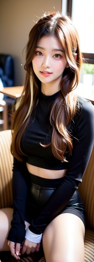 lovely cute young attractive asian beauty in a black crop top,  23 years old, cute, an Instagram model, long blonde_hair, colorful hair, winter, sitting in a coffee shop, perfect light 