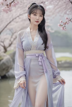 (full body shot:1.25)/(viewed from below). 1girl. A 17-years-old ethereal breathtakingly glamorous korean idol/(busty, black hair/(long ponytail:1.12), slim and tall perfect model body, an ethereal beautiful face/(translucent skin texture, porcelain skin tone), wearing lavender hanfu/(song style outfits, chiffon, silk, lace)), award-winning photography, (hyperrealistic:1.2), masterpiece, cherry blossom, depth of field, 8k uhd, high resolution, perfect detail, intricate detail, raw photo, photo_b00ster