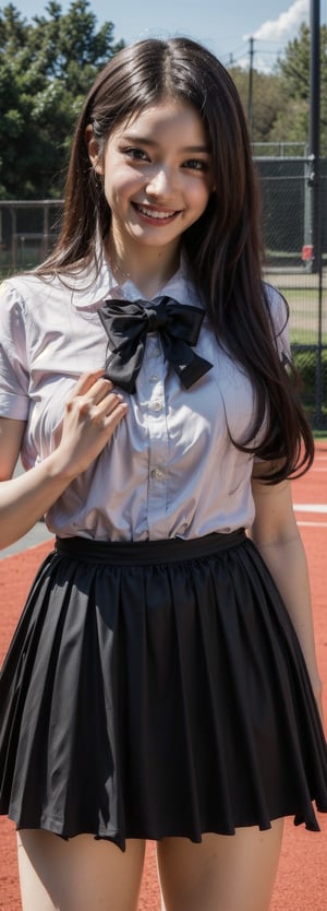 (Masterpiece, Top Quality, Best Quality, Official Art, Beauty and Aesthetics: 1.2), HDR, high contrast, wide shot(majestic:1.5), hyper realistic, highly detailed, uhd:1.3, RAW photo, ,Japanese ,Idol,1girl, grin, bow on head, pale skin,  school_uniform, pleated_skirt, in the playground