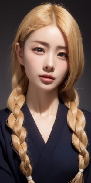 1woman, ((blank background)), vibrant colors, head and shoulders portrait, long_hair, blonde hair, single braid, pale, bangs, glowing red_eyes, warrior, large forhead,Korean,Japanese