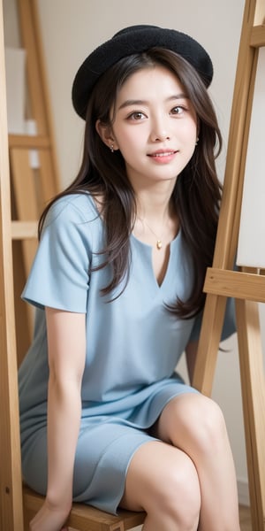 background is glassland,horizon,forest,easel,
18 yo, 1 girl, beautiful korean girl,sit on glassland, making a picture,painting,sit aside easel,holding a palette left hand,painting brush right hand,
happy smile,wearing lovely dress(princess),women hat(small),
solo, {beautiful and detailed eyes}, dark eyes, calm expression, delicate facial features, ((model pose)), Glamor body type, (dark hair:1.2),
simple tiny necklace,simple tiny earrings, flim grain, realhands, masterpiece, Best Quality, 16k, photorealistic, ultra-detailed, finely detailed, high resolution, perfect dynamic composition, beautiful detailed eyes, eye smile, ((nervous and embarrassed)), sharp-focus, full_body, cowboy_shot,,Korean,Japanese,perfect light