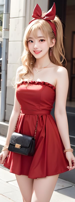 1girl,solo,grin, long blonde hair, black eyes,twin_buns,bow on head,frills, blushing, red Dress,necklace, earings,beaded bracelet, Crossbody bag:Channel, bow on waist,korean,perfect light, 