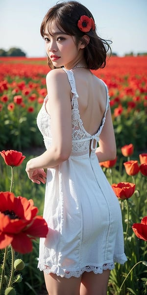 Write a story inspired by an image of an individual standing in a field of poppies with their back to the camera. The individual's hair is adorned with poppy flowers, and they are wearing a light-colored dress. The focus on the individual and the vibrant red poppies against a soft, blurred background creates an aesthetically pleasing and serene scene., best quality,beauty,Beauty,Japanese,Korean,Asian
