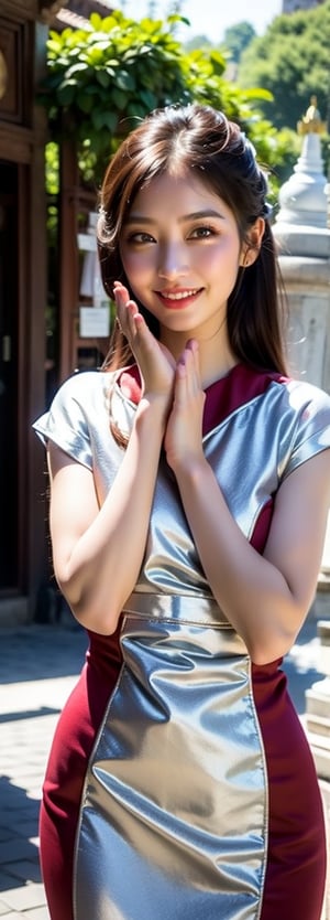 1girl, Beautiful eyes, detailed eyes, big eyes, praying poses, looking to viewer,smiling, cleavge, calm sunshine, flower , temples , bagan, myanmar, acmm ss outfit,Myanmar,praying, beauty