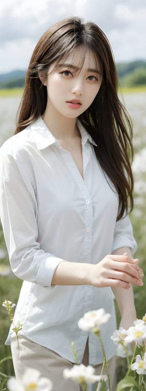 1girl, solo, long hair, brown hair, shirt, brown eyes, white shirt, flower, outdoors, sky, day, collared shirt, cloud, blurry, blue sky, lips, sunlight, white flower, realistic, sun, reaching towards viewer, field,korean,perfect light,yama2