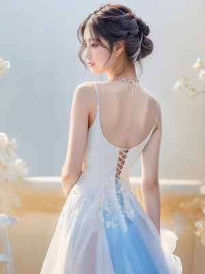 Pastel drawing of a Korean beauty, wearing an translucent  white low cut dress.  viewed from behind 