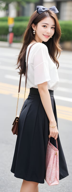 1girl,solo, long hair, looking at viewer, smile, skirt, brown hair, bow, jewelry, standing, hair bow, earrings, necklace, bag, bracelet, handbag, realistic,korean,perfect light, 