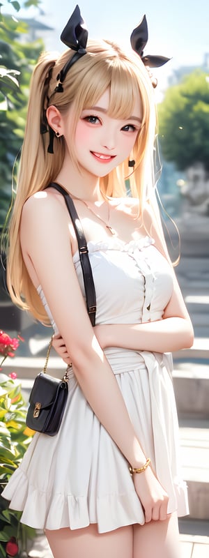 1girl,solo,grin, long blonde hair, black eyes,twin_buns,bow on head,frills, blushing, PURE WHITE Dress,necklace, earings,beaded bracelet, Crossbody bag:Channel, bow on waist,korean,perfect light, 