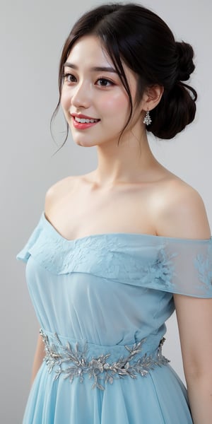 A Japanese idol poses confidently, her intricately styled updo showcasing refined elegance. A bright smile illuminates her face as she wears a stunning indigo dress with an off-the-shoulder design, adorned with a mesmerizing crystal and silver entwined piece above her waistline. The photograph's high-definition quality renders every delicate texture and hyper-detailed feature with precision, drawing the viewer's gaze.,Japanese 