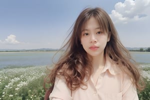 1girl, solo, long hair, brown hair, shirt, brown eyes, white shirt, flower, outdoors, sky, day, collared shirt, cloud, blurry, blue sky, lips, sunlight, white flower, realistic, sun, reaching towards viewer, field,korean,perfect light,kao6