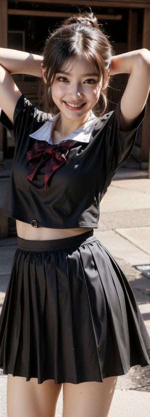 (Masterpiece, Top Quality, Best Quality, Official Art, Beauty and Aesthetics: 1.2), HDR, high contrast, wide shot(majestic:1.5), hyper realistic, highly detailed, uhd:1.3, RAW photo, ,Japanese ,Idol,1girl, grin, bow on head,  school_uniform, pleated_skirt