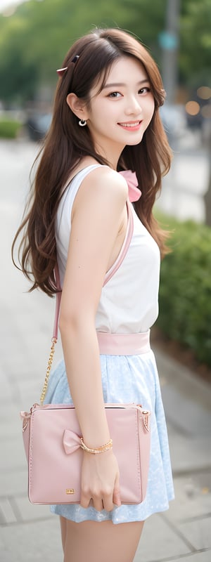 1girl,solo, long hair, looking at viewer, smile, skirt, brown hair, bow, jewelry, standing, hair bow, earrings, necklace, bag, bracelet, handbag, realistic,korean,perfect light, 