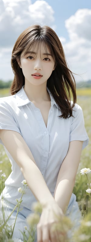 1girl, solo, long hair, brown hair, shirt, brown eyes, white shirt, flower, outdoors, sky, day, collared shirt, cloud, blurry, blue sky, lips, sunlight, white flower, realistic, sun, reaching towards viewer, field,korean,perfect light,yama2