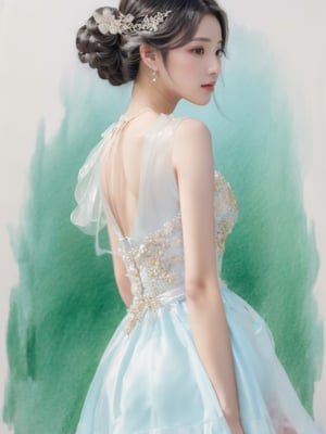 Pastel drawing of a Korean beauty, wearing an translucent silk dress.  viewed from behind 