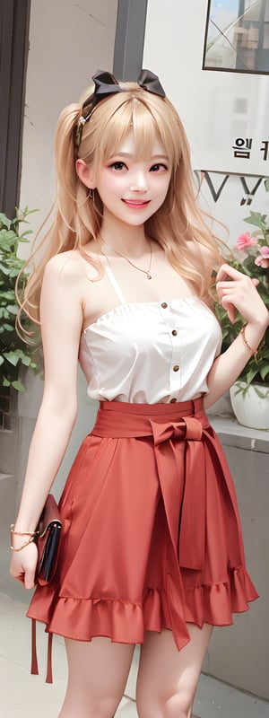 1girl,solo,grin, long blonde hair, black eyes,twin_buns,bow on head,frills, blushing, red Dress,necklace, earings,beaded bracelet, Crossbody bag:Channel, bow on waist,korean,perfect light, 