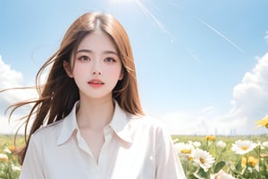 1girl, solo, long hair, brown hair, shirt, brown eyes, white shirt, flower, outdoors, sky, day, collared shirt, cloud, blurry, blue sky, lips, sunlight, white flower, realistic, sun, reaching towards viewer, field,korean,perfect light, 