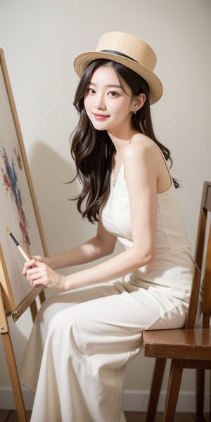 background is glassland,horizon,forest,easel,
18 yo, 1 girl, beautiful korean girl,sit on glassland, making a picture,painting,sit aside easel,holding a palette left hand,painting brush right hand,
happy smile,wearing lovely dress(princess),women hat(small),
solo, {beautiful and detailed eyes}, dark eyes, calm expression, delicate facial features, ((model pose)), Glamor body type, (dark hair:1.2),
simple tiny necklace,simple tiny earrings, flim grain, realhands, masterpiece, Best Quality, 16k, photorealistic, ultra-detailed, finely detailed, high resolution, perfect dynamic composition, beautiful detailed eyes, eye smile, ((nervous and embarrassed)), sharp-focus, full_body, cowboy_shot,,Korean,Japanese,perfect light