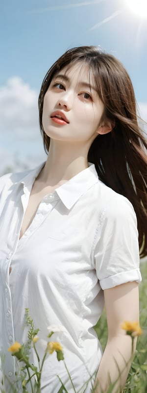 1girl, solo, long hair, brown hair, shirt, brown eyes, white shirt, flower, outdoors, sky, day, collared shirt, cloud, blurry, blue sky, lips, sunlight, white flower, realistic, sun, reaching towards viewer, field,korean,perfect light,yama2