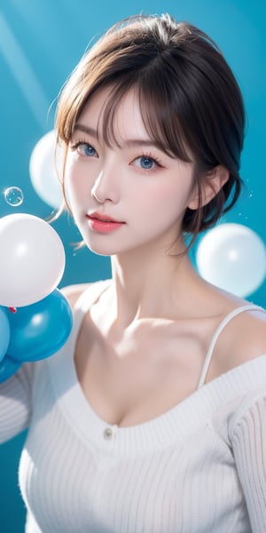 1girl, solo, looking at viewer, short hair, blue eyes, brown hair, black hair, collarbones, parted lips, water, lips, white sweater, sunlight, bubbles, underwater, ((small bubbles)), red balloons ,korean,perfect light,idol