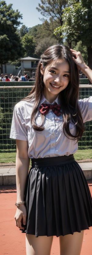 (Masterpiece, Top Quality, Best Quality, Official Art, Beauty and Aesthetics: 1.2), HDR, high contrast, wide shot(majestic:1.5), hyper realistic, highly detailed, uhd:1.3, RAW photo, ,Japanese ,Idol,1girl, grin, bow on head, pale skin,  school_uniform, pleated_skirt, in the playground