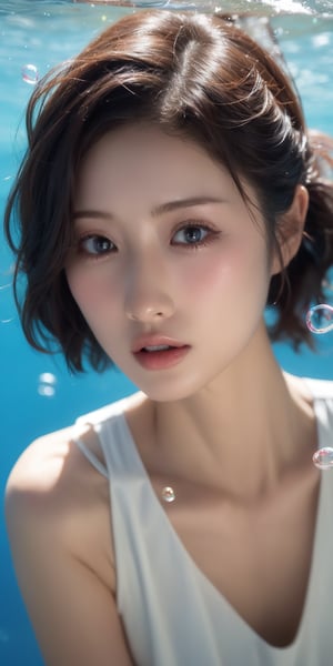 1girl, solo, looking at viewer, short hair, blue eyes, brown hair, black hair, collarbones, parted lips, water, lips, white chiffon, sunlight,colorful  bubbles, underwater, ((small bubbles)), red balloons,Korean,Japanese