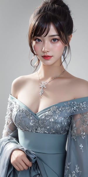 A stunning portrait of a Japanese idol with her hair styled in an elegant updo, smile, necklace, off-shoulder dress, showcases a mesmerizing crystal and silver entanglement above her waist. The high-definition image is a masterpiece, featuring intricate textures and hyper-quality details that leap off the page. Every delicate texture is meticulously rendered, ,idol