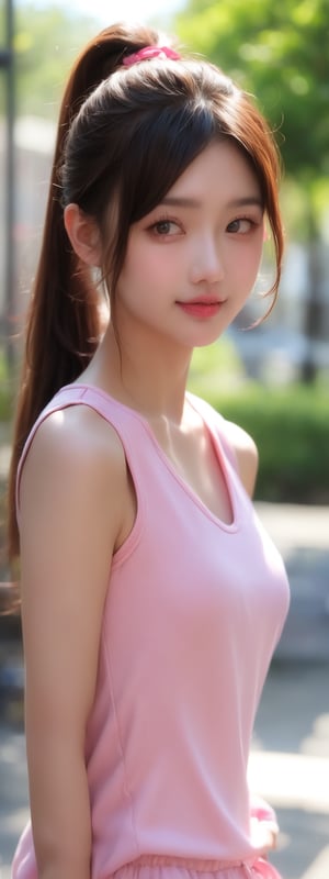 (best quality, masterpiece), 1girl, looking at viewer, blurry background, upper body, contemporary, dress, pretty, sporty clothes, brown hair, cute pink top, ponytail, CK,beauty