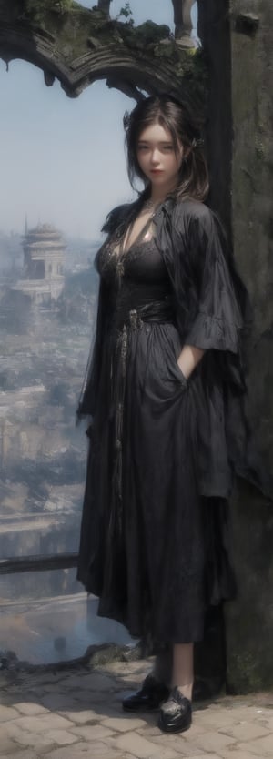 
A beautiful adventuress , gothic clotes standing on to of the tower overlooking a big city, detailed background, dark fantasy, comic illustration, masterpiece, realistic,Japanese,Korean