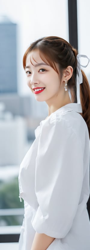 full body,a beautiful young doctor ,oval face, grin, red lips, detail lips, small earrings,intricate high quality details,city background , long ponytails, bow on head, photorealistic,perfect light,Korean,Japanese,Beauty