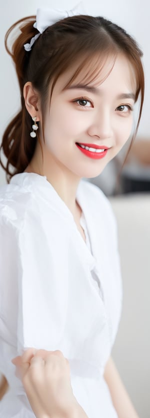 full body,a beautiful young nurse ,oval face, grin, red lips, detail lips, small earrings,intricate high quality details,city background , long ponytails, bow on head, photorealistic,perfect light,Korean,Japanese,Beauty