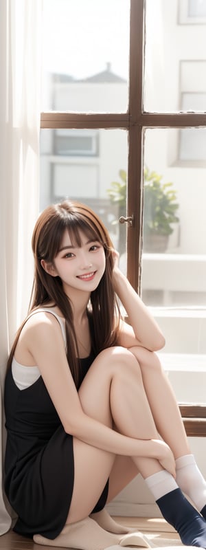 1girl, solo, long hair, looking at viewer, bangs, brown hair, black hair, dress, sitting, big smile, sleeveless, socks, indoors, mole, lips, window, perfect light,Korean