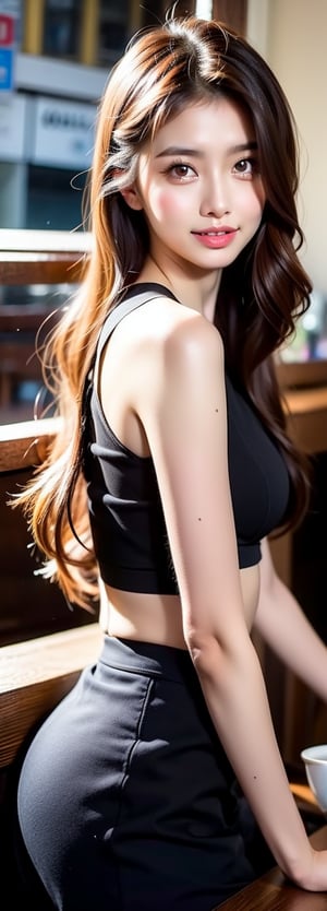 lovely cute young attractive asian beauty in a black crop top,  23 years old, cute, an Instagram model, long blonde_hair, colorful hair, winter, sitting in a coffee shop, perfect light 